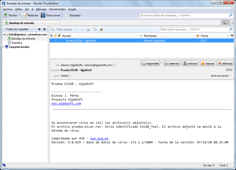 Prueba EICAR mediante correo electrnico de AVG Anti-Virus Free 9.0