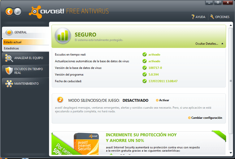 La interfaz de usuario de avast! Free Antiviros 5.0