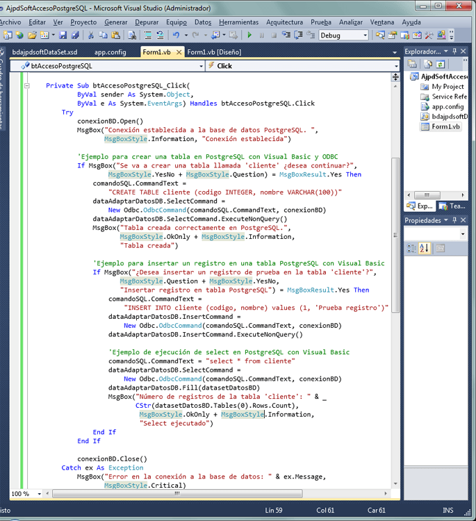 AjpdSoft Desarrollar aplicacin con Visual Basic .Net de Visual Studio 2010 con acceso a PostgreSQL sin usar componentes visuales